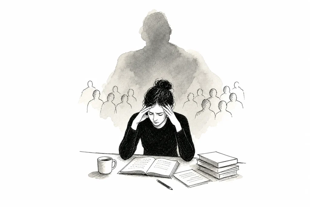 Ilustração sobre ansiedade de performance: profissional preparado sentindo o corpo travar antes de uma apresentação importante
