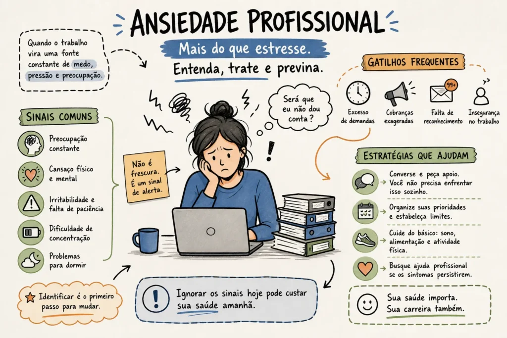 Infográfico sobre ansiedade profissional: sinais no corpo e na mente, gatilhos do trabalho e quando procurar ajuda