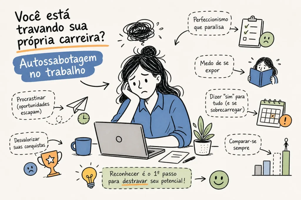Infográfico sobre autossabotagem no trabalho: os 9 sinais que travam a carreira, da procrastinação ao perfeccionismo