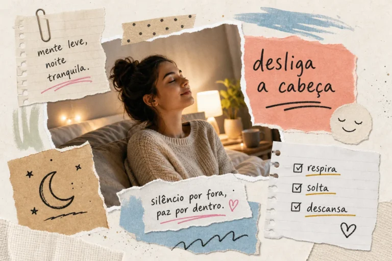 Ilustração sobre como desligar a cabeça à noite: efeito rebote, rotina noturna e técnicas cognitivas