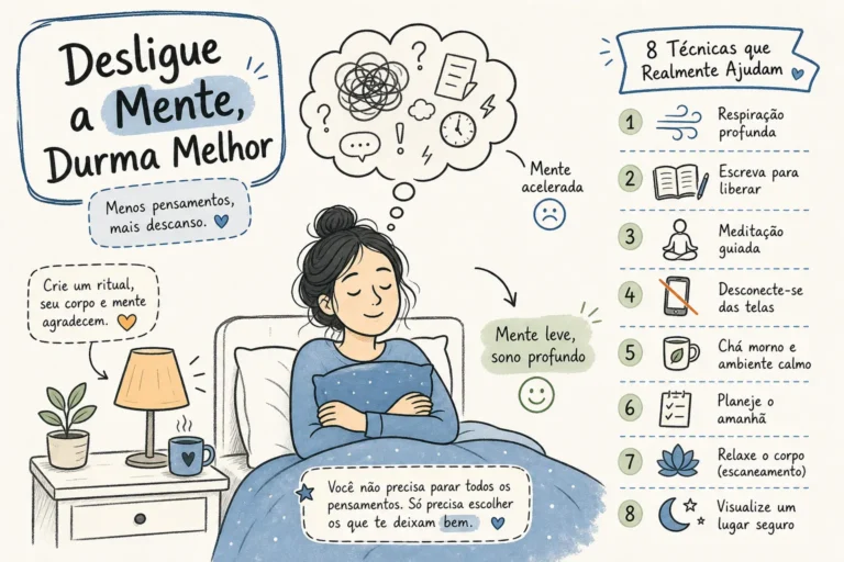 Infográfico com 8 técnicas para desligar a mente antes de dormir, divididas entre corpo, pensamento e rotina