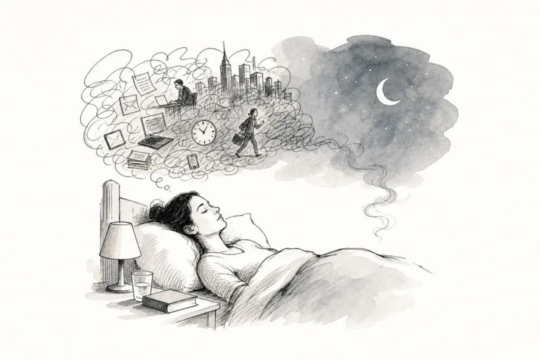 Ilustração de um ritual de 20 minutos para desligar os pensamentos e dormir depois de um dia intenso