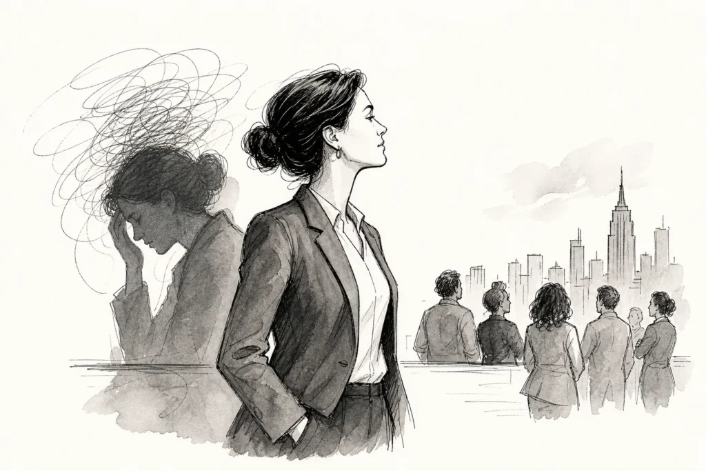 Ilustração sobre síndrome do impostor em líderes: executivo bem-sucedido que sente que não merece o cargo
