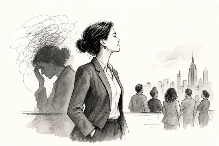 Ilustração sobre síndrome do impostor em líderes: executivo bem-sucedido que sente que não merece o cargo