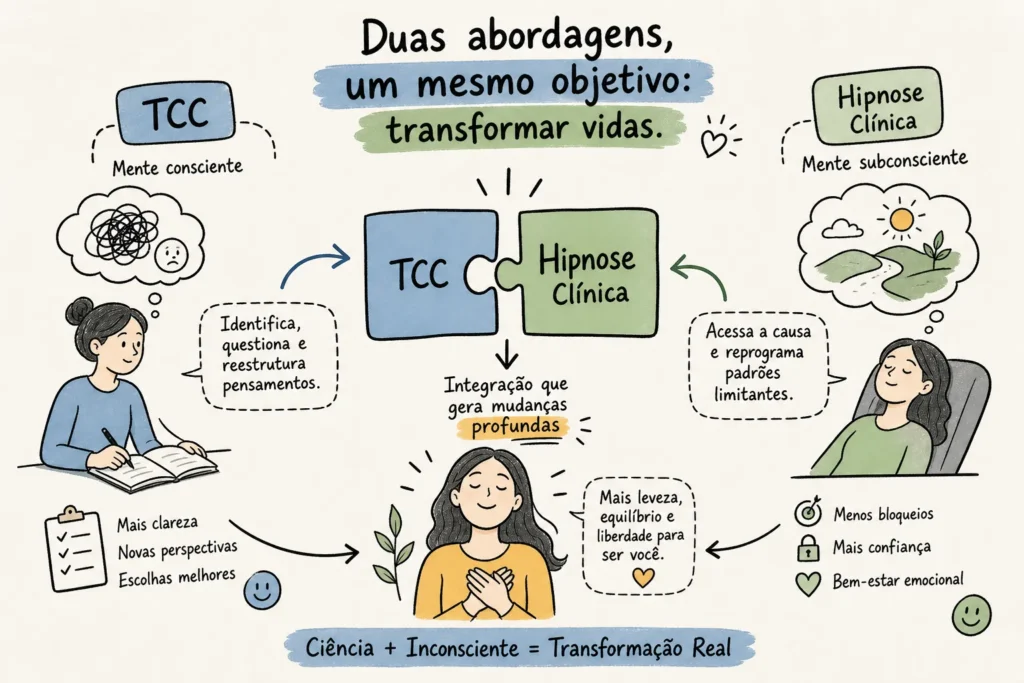 Ilustração de como TCC e hipnose clínica se complementam, com o plano consciente e o plano automático da mente