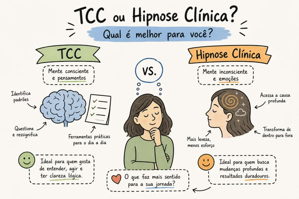 Infográfico comparando TCC ou hipnose clínica: mecanismos, evidências e quando combinar as duas abordagens