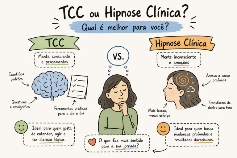Infográfico comparando TCC ou hipnose clínica: mecanismos, evidências e quando combinar as duas abordagens