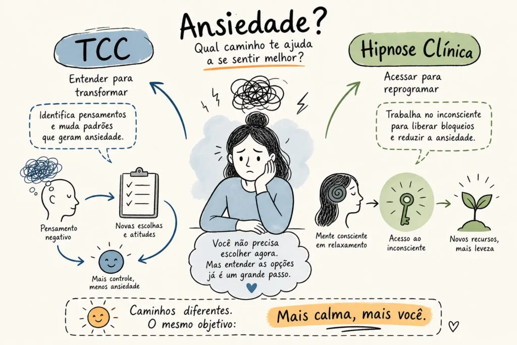 Infográfico sobre TCC ou hipnose para ansiedade, com as camadas em que cada abordagem atua