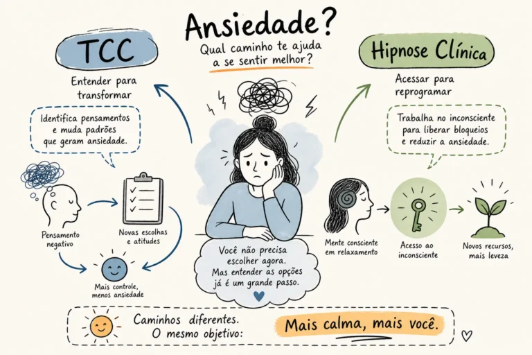 Infográfico sobre TCC ou hipnose para ansiedade, com as camadas em que cada abordagem atua
