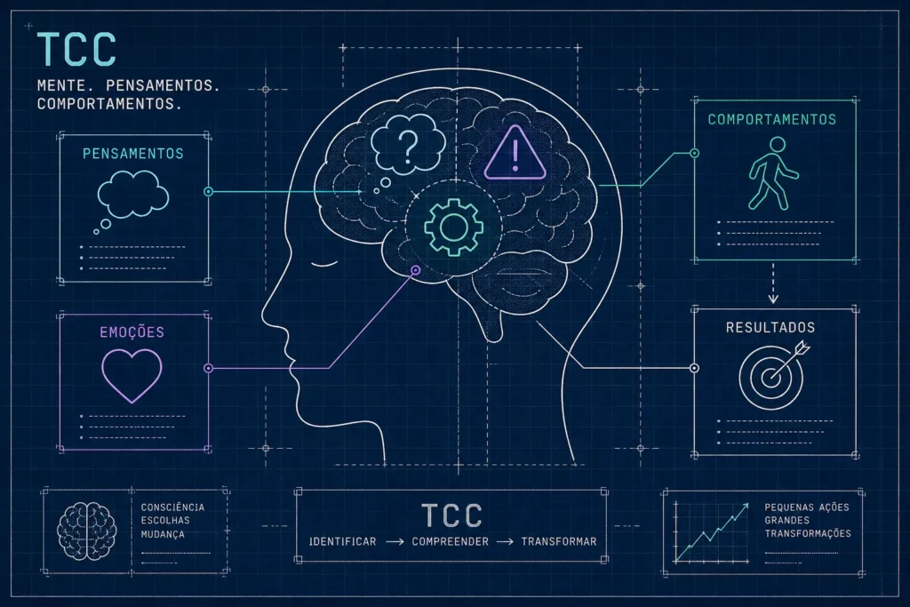 Ilustração sobre terapia cognitivo-comportamental e a ligação entre pensamentos, emoções e comportamentos