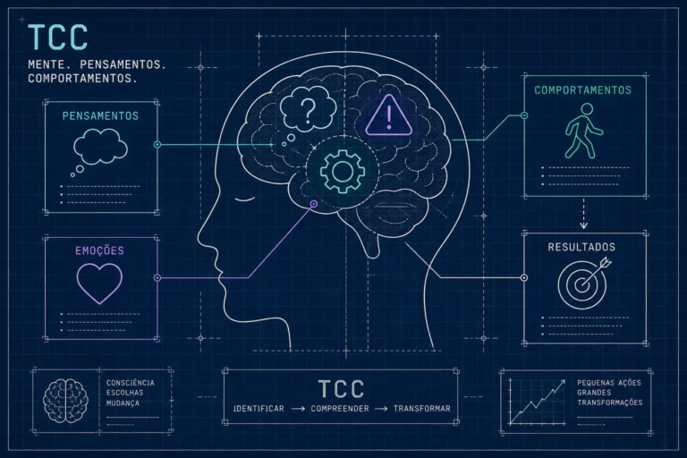 Ilustração sobre terapia cognitivo-comportamental e a ligação entre pensamentos, emoções e comportamentos