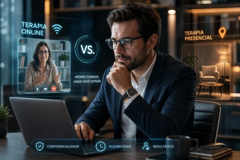 Ilustração sobre terapia online para executivos: executivo em sessão por videochamada num ambiente reservado