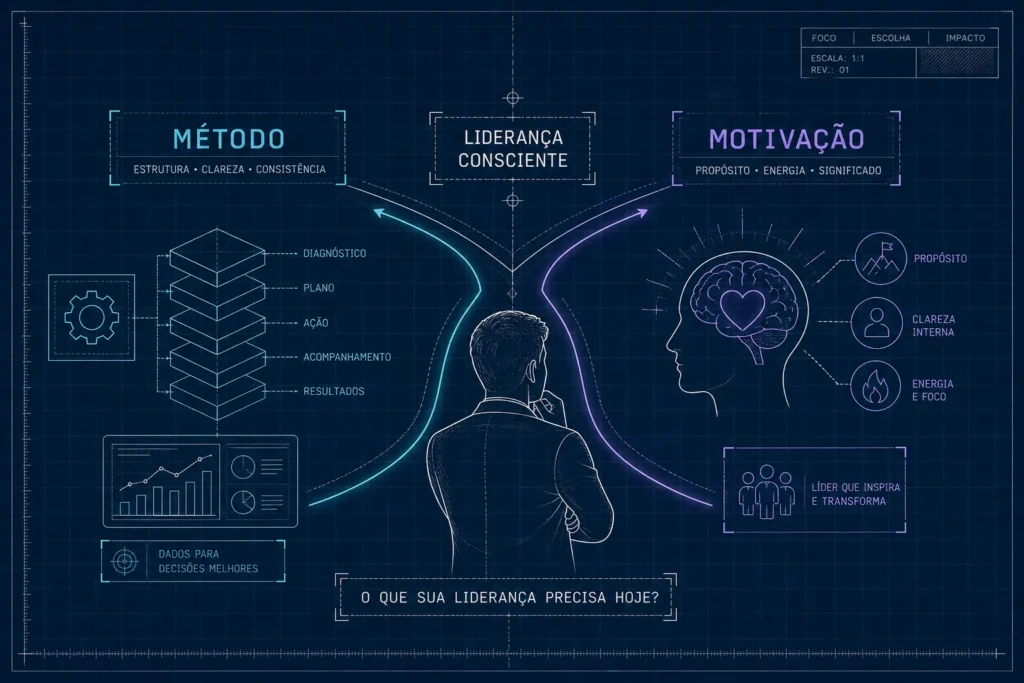 Ilustração sobre terapia para líderes empresariais: gestor sob pressão diante de um método clínico estruturado, em contraste com discurso motivacional