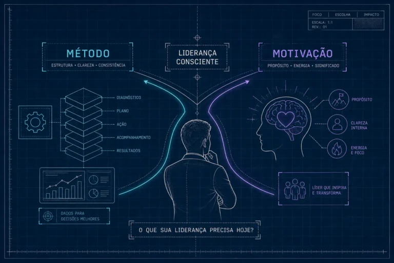 Ilustração sobre terapia para líderes empresariais: gestor sob pressão diante de um método clínico estruturado, em contraste com discurso motivacional