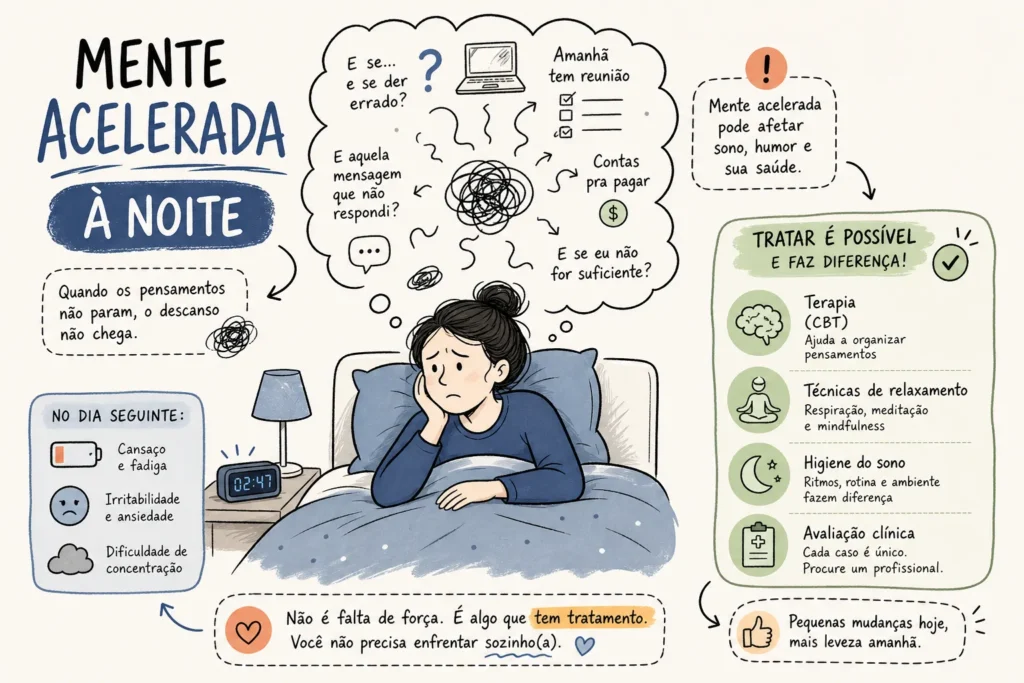 Ilustração sobre tratamento para mente acelerada à noite, com uma pessoa deitada e pensamentos girando