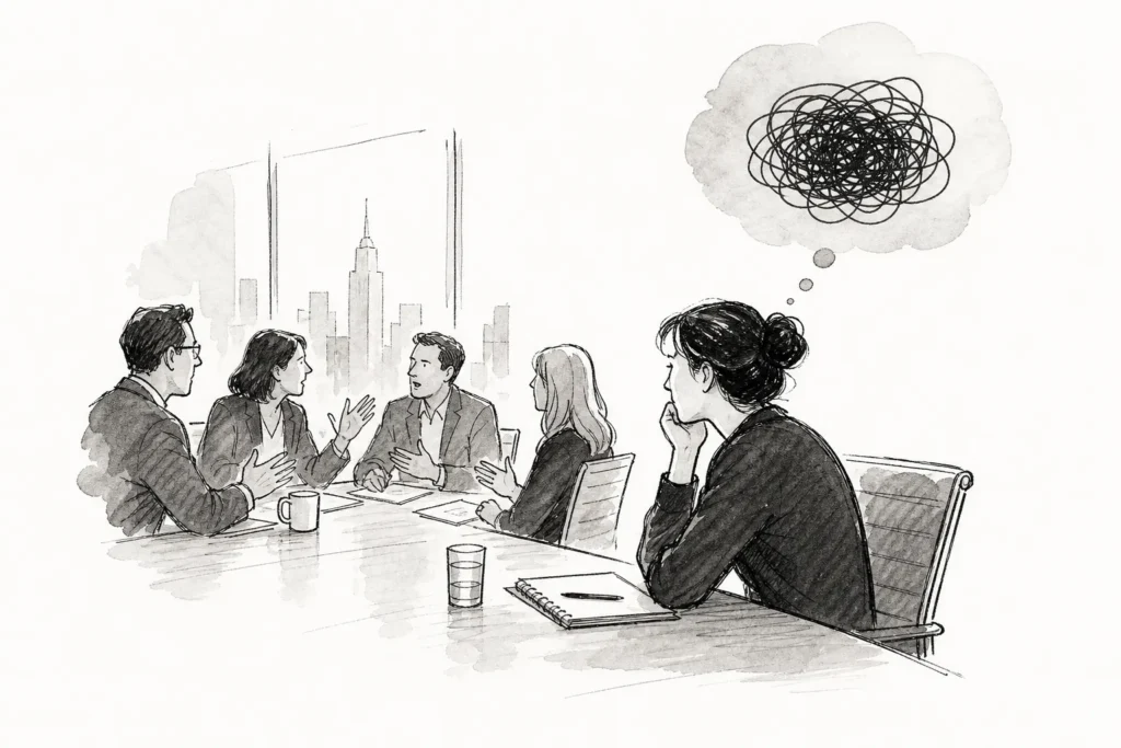 Ilustração sobre travar em reuniões: profissional experiente com a mente em branco diante da diretoria