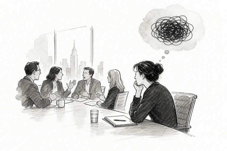 Ilustração sobre travar em reuniões: profissional experiente com a mente em branco diante da diretoria